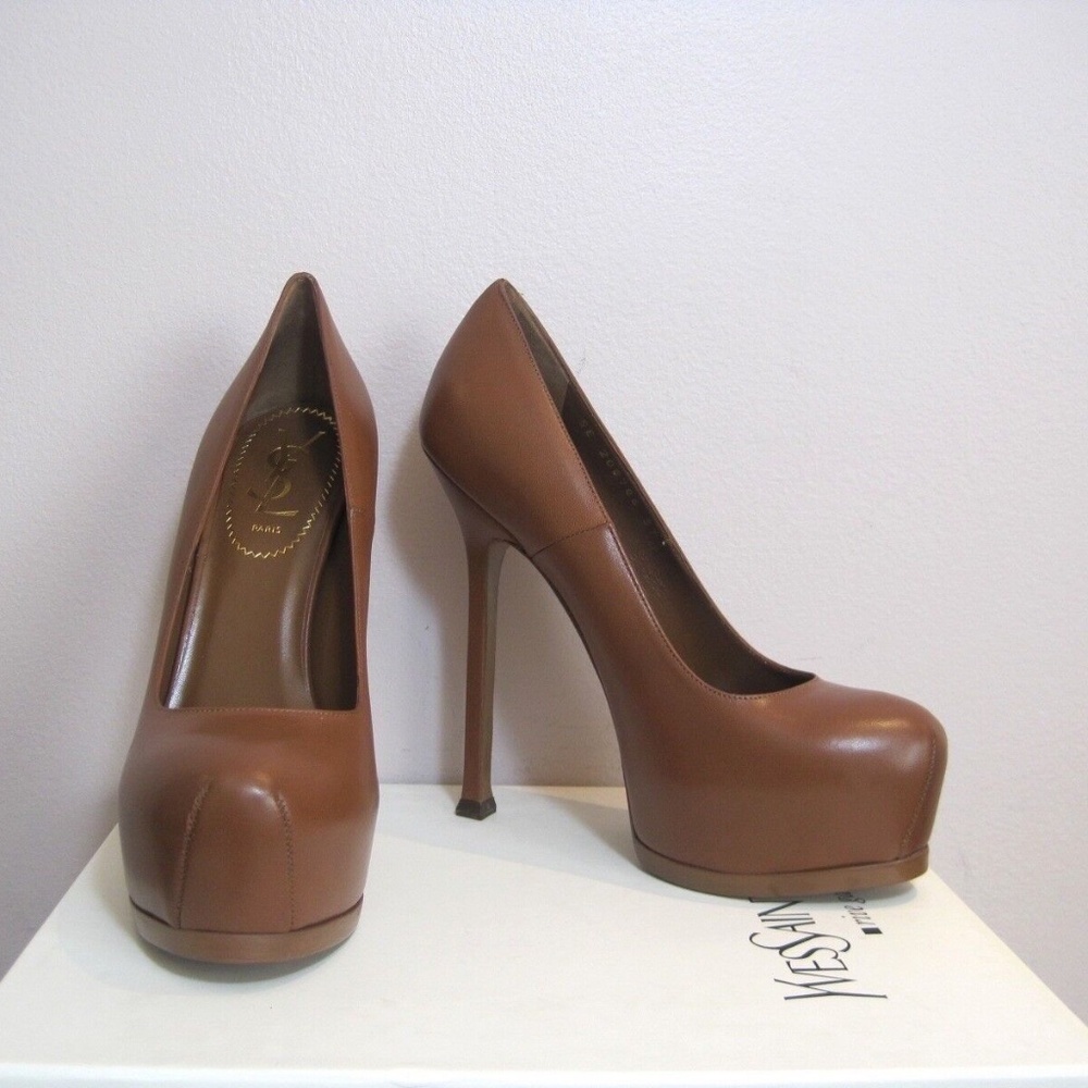 YSL Yves Saint Laurent Tribtoo 105 Nappa Cognac Brown Pumps Shoes 40.5 $795